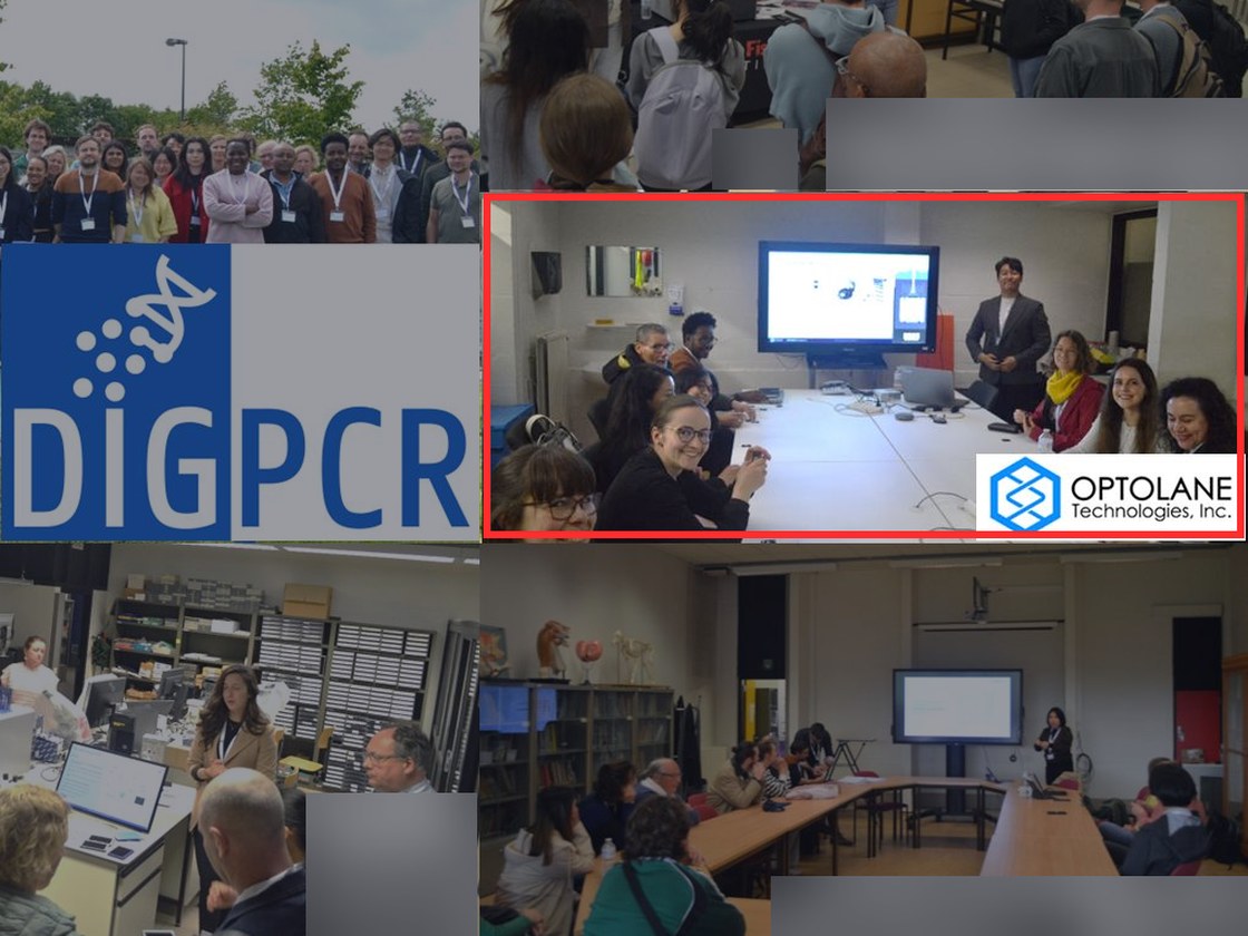 Part of the DIGPCR 2026 organizers' photo collage: the course logo, group photo and company sessions; the OPTOLANE session, with Jinwoo Seol standing beside the screen, is outlined in red, and the other companies' logos are hidden