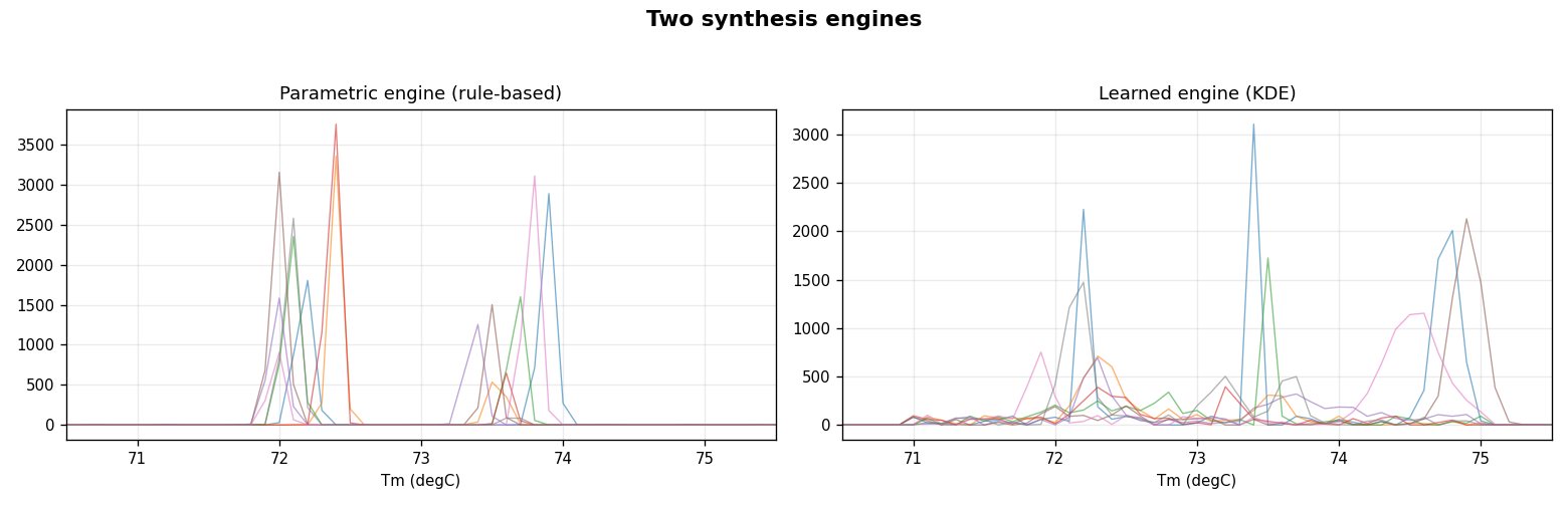Two Tm-histogram synthesis engines: parametric and learned KDE